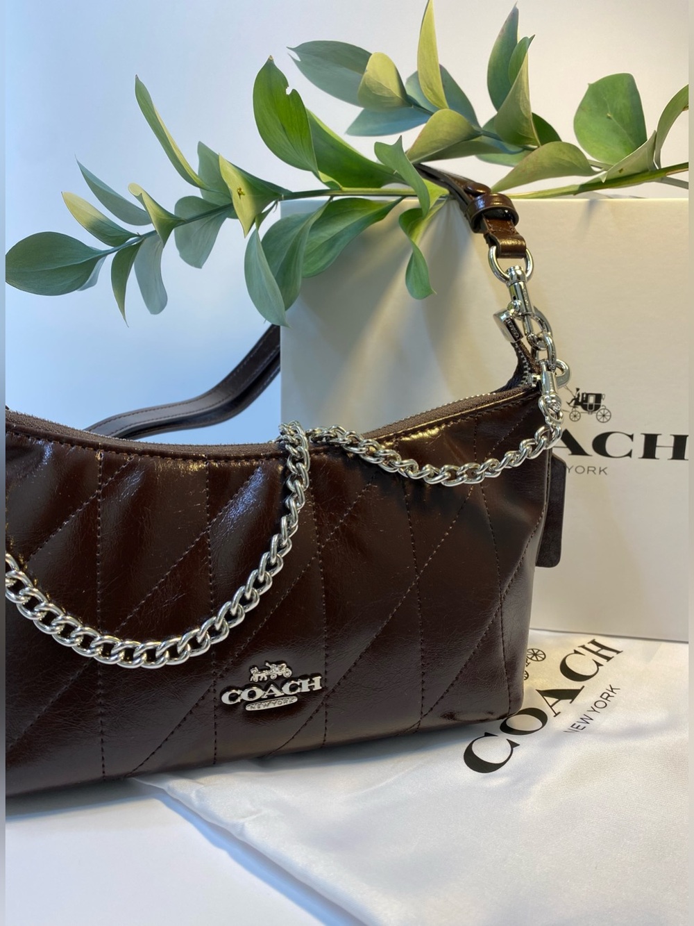 COACH Caitlin Quilted Glazed Leather Shoulder Bag Maple Brown Silver Chain